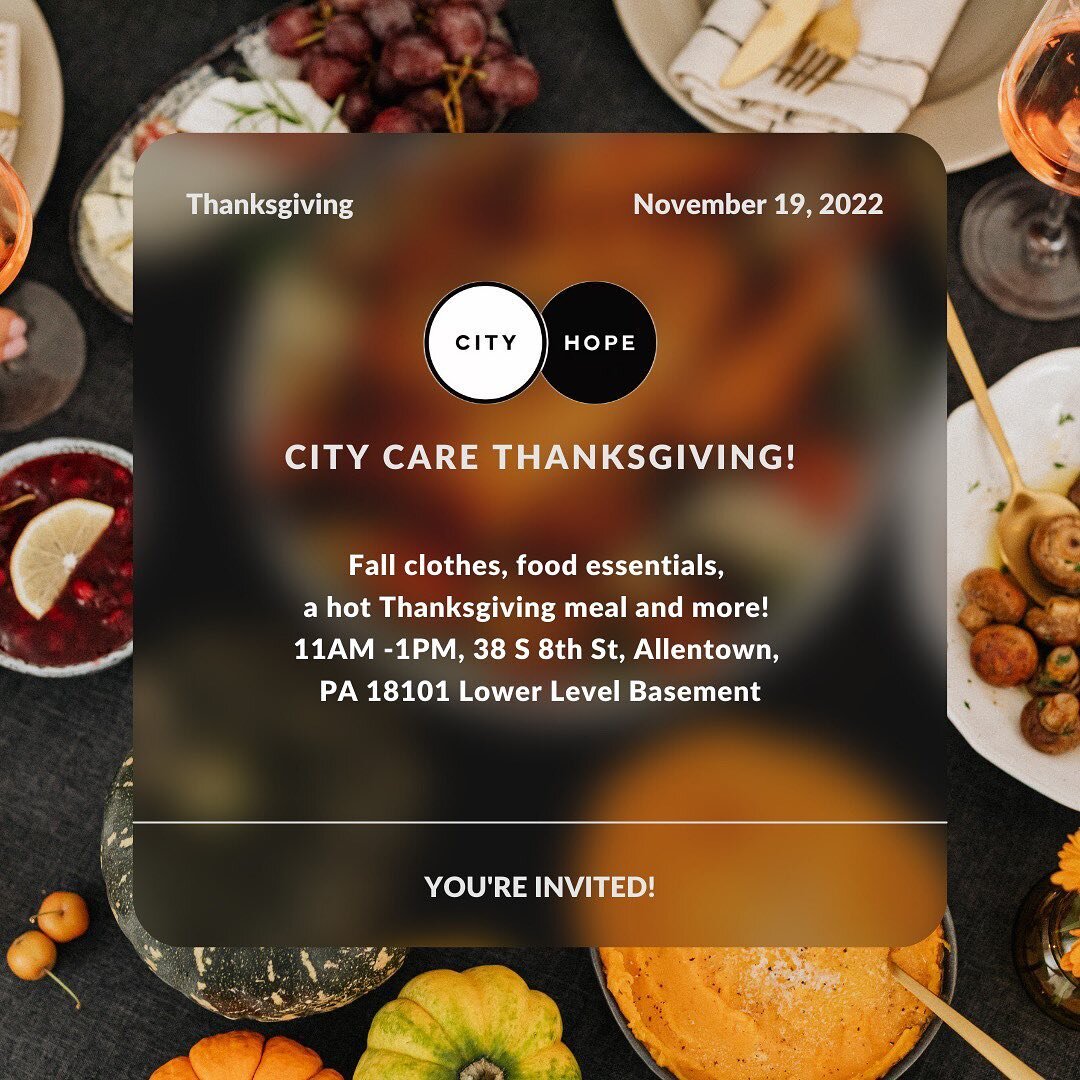 MARK YOUR CALENDARS!🗓️

Join us for a City Care Thanksgiving on November 19th! We can&rsquo;t wait to gather together as family and friends and share how grateful we are for our city. 

🧡Join us 
🧡Volunteers: Sign up through the link in our bio
🧡