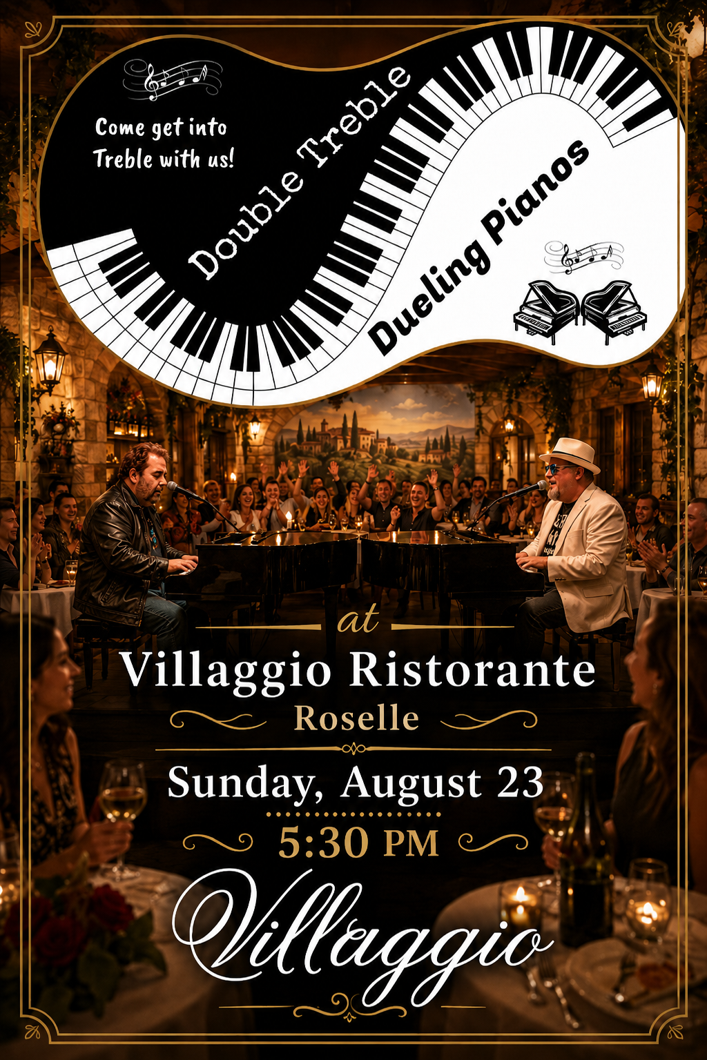 Dueling Pianos
Sunday, August 23rd 5:30 p.m.
**Reservations Required