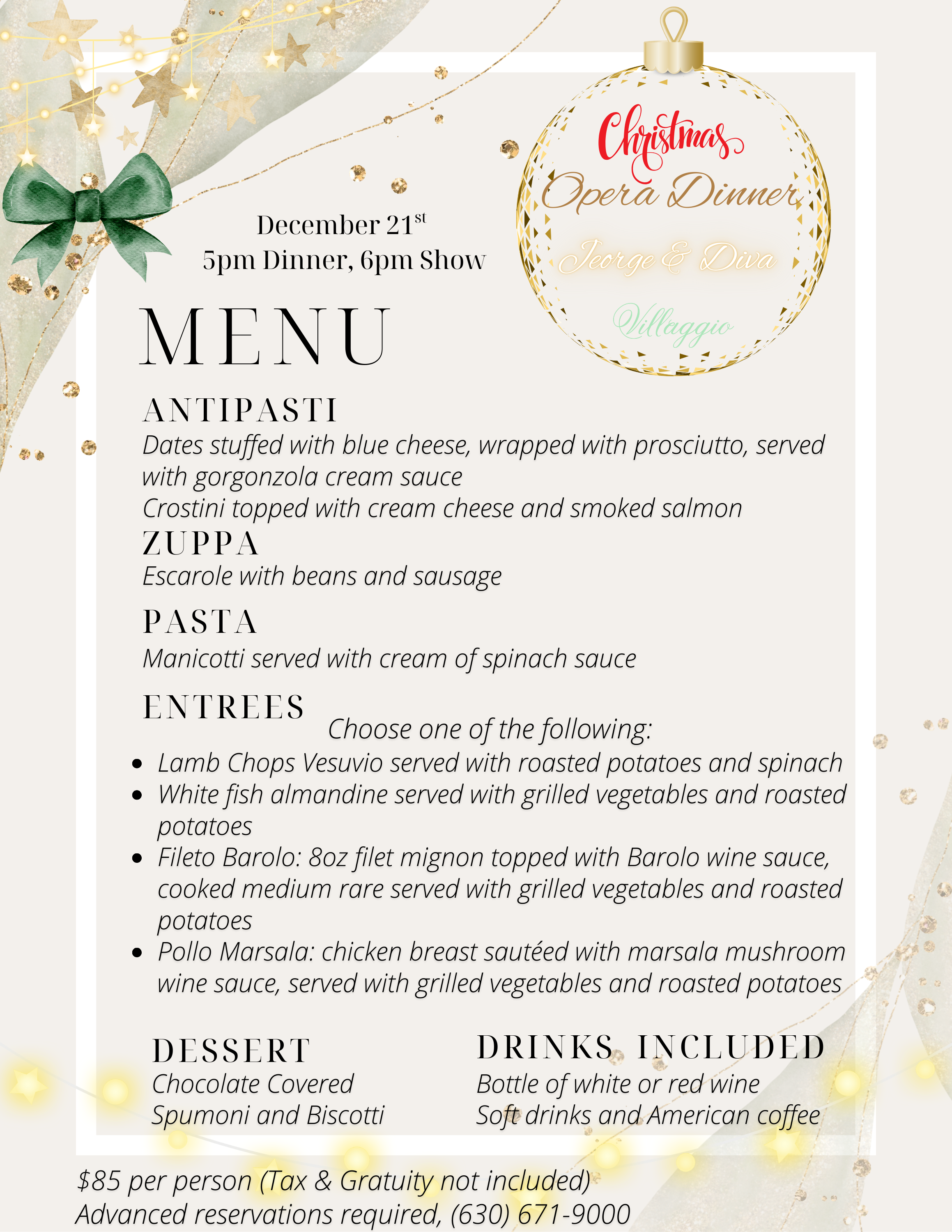 Christmas Opera Dinner with Diva & Jeorge
Sunday, December 21st.
5pm Dinner, 6pm Show
* Prox Fixed Menu at $85/pp
**Reservations are Required
