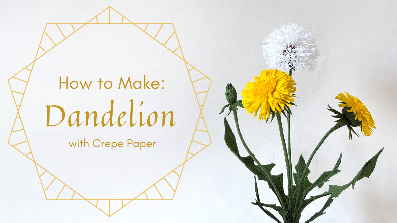 A tutorial cover with yellow and white dandelion made from crepe paper, featuring a white background