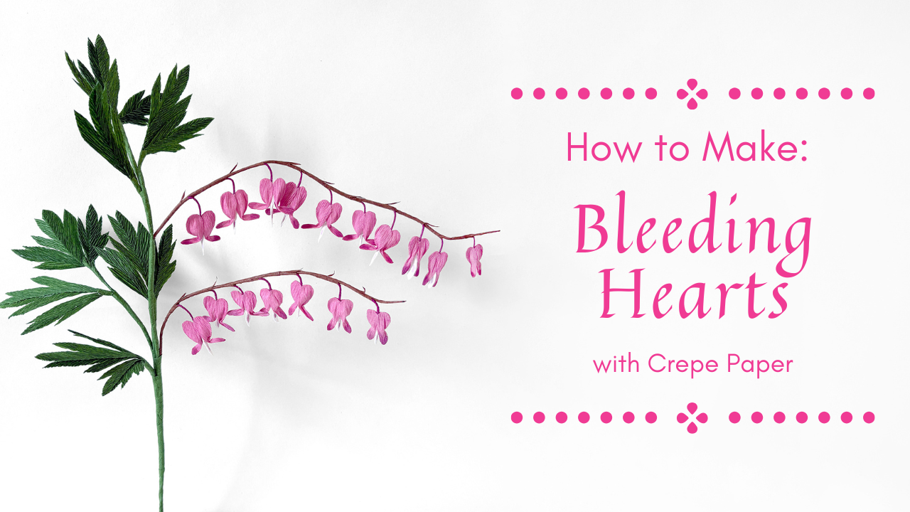 A tutorial cover with pink bleeding heart made from crepe paper, featuring a white background