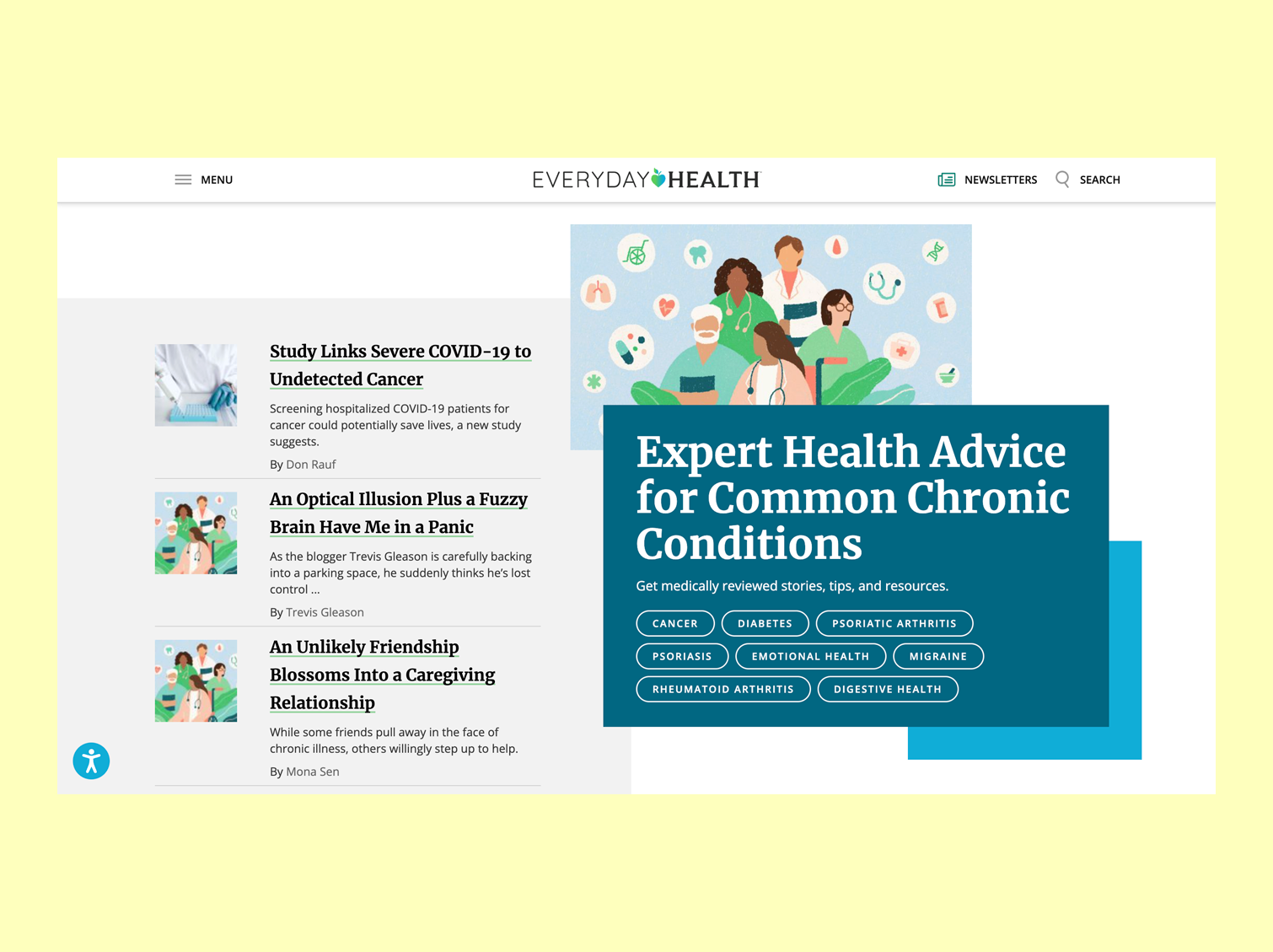 Old Everyday Health homepage: navigation and a content feed of article cards with no trust-building hero.