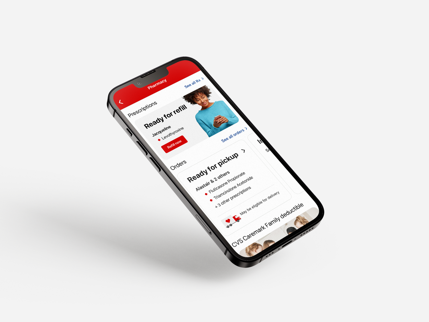 Redesigned CVS Pharmacy app dashboard with clear hierarchy for refills and order status.