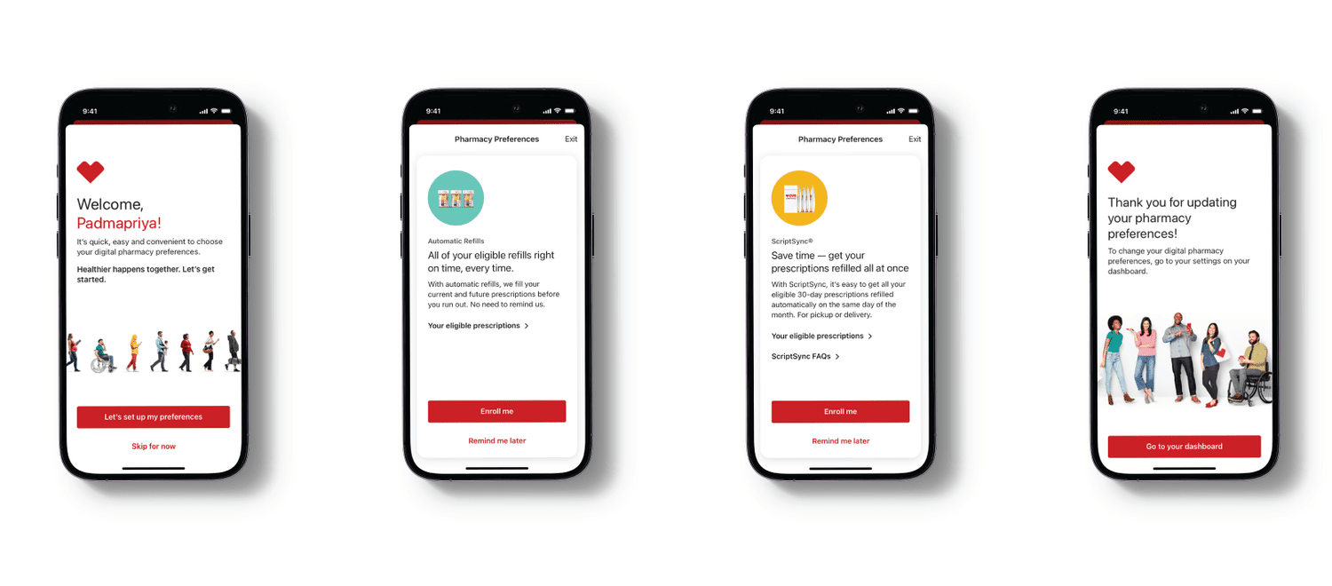 Production screens of the CVS Pharmacy program enrollment onboarding wizard, shown end to end.