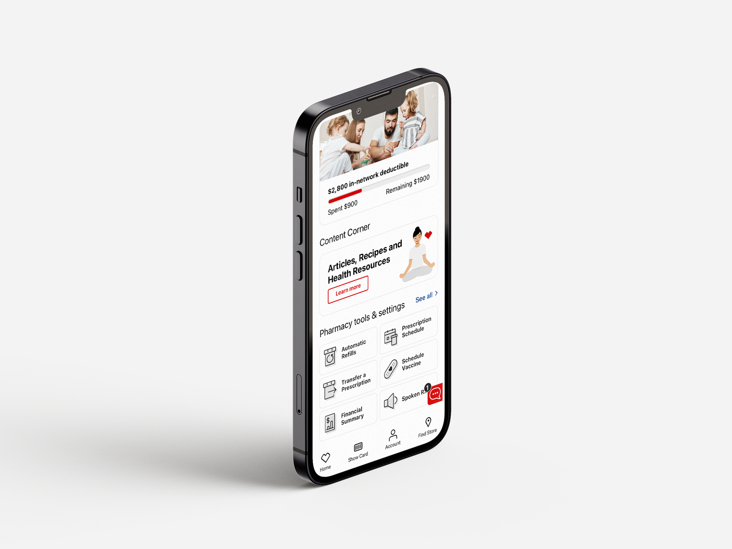 Redesigned CVS Pharmacy app dashboard variant showing refill and order tracking modules.