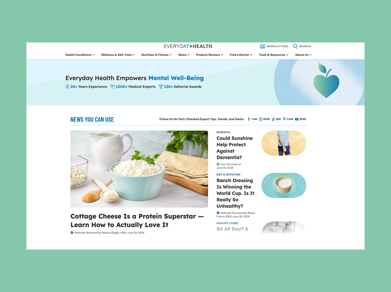 Current Everyday Health homepage hero: 'Everyday Health Empowers Personal Journeys' with trust badges for years of experience, medical experts, and editorial awards.