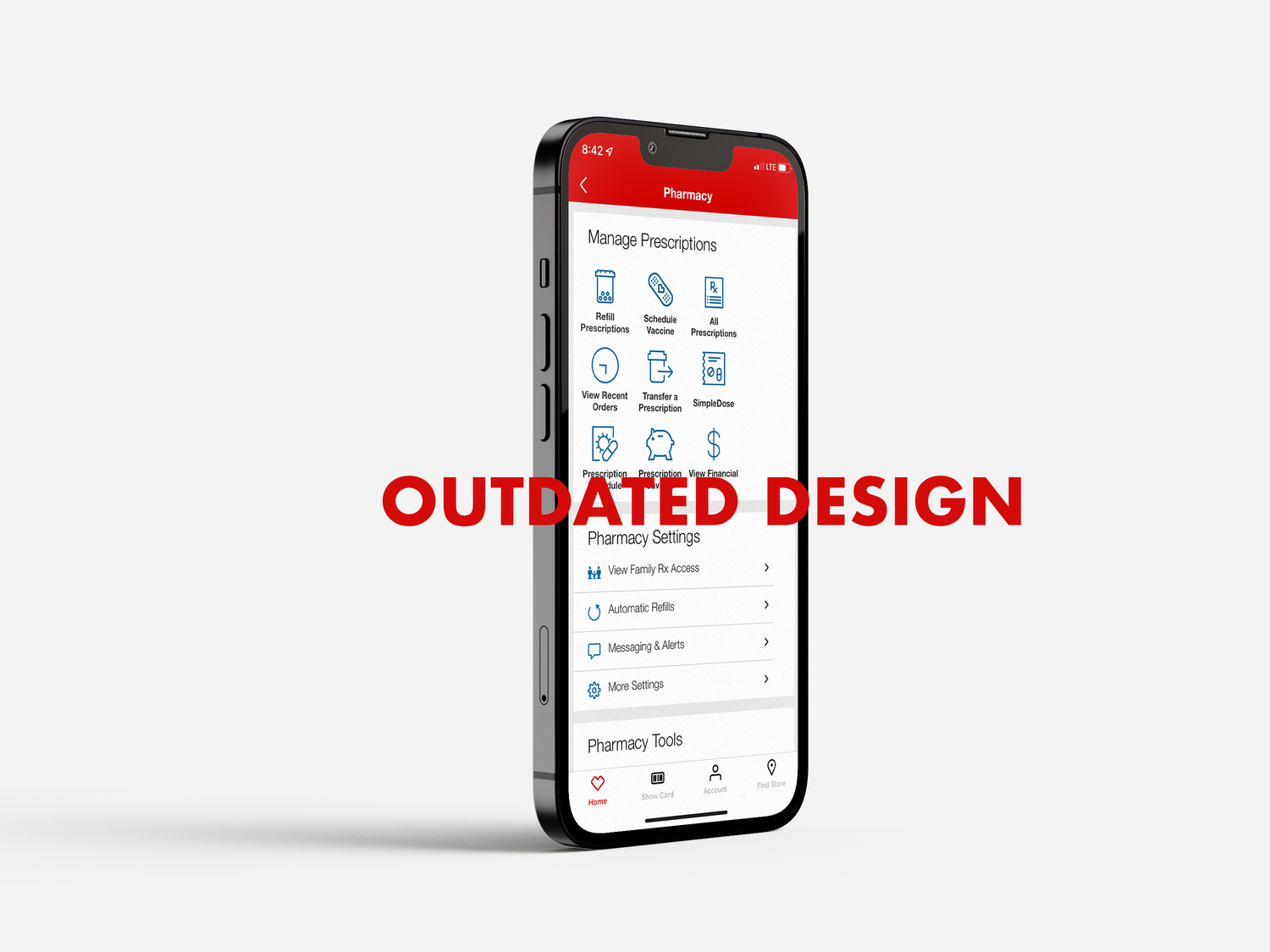 Legacy CVS Pharmacy app screen showing a dense, low-hierarchy layout.