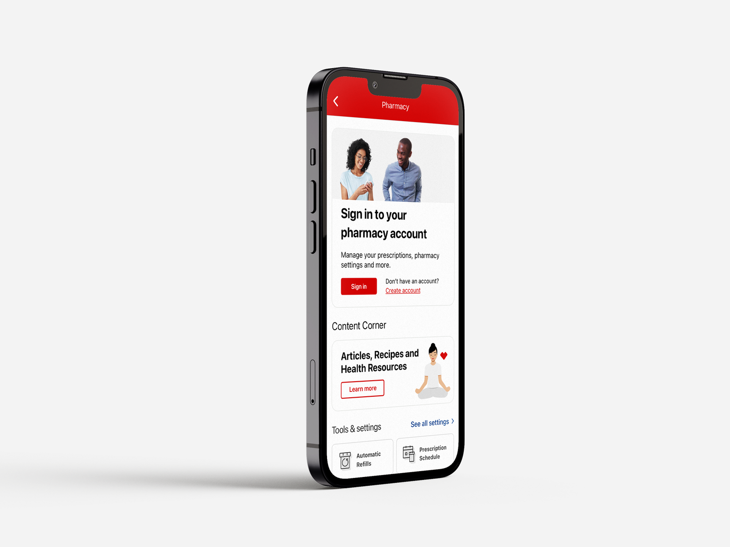 Redesigned CVS Pharmacy app sign-in screen on a phone.