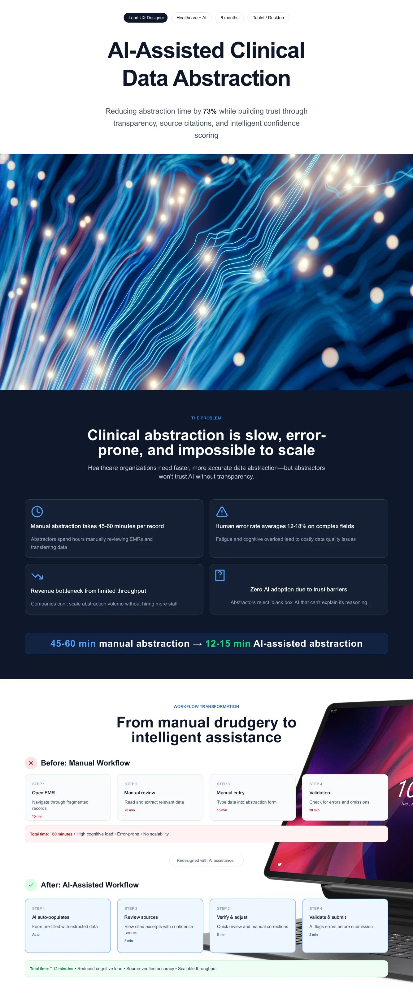 Reducing abstraction time by 73% while building trust through transparency, source citations, and intelligent confidence scoring
