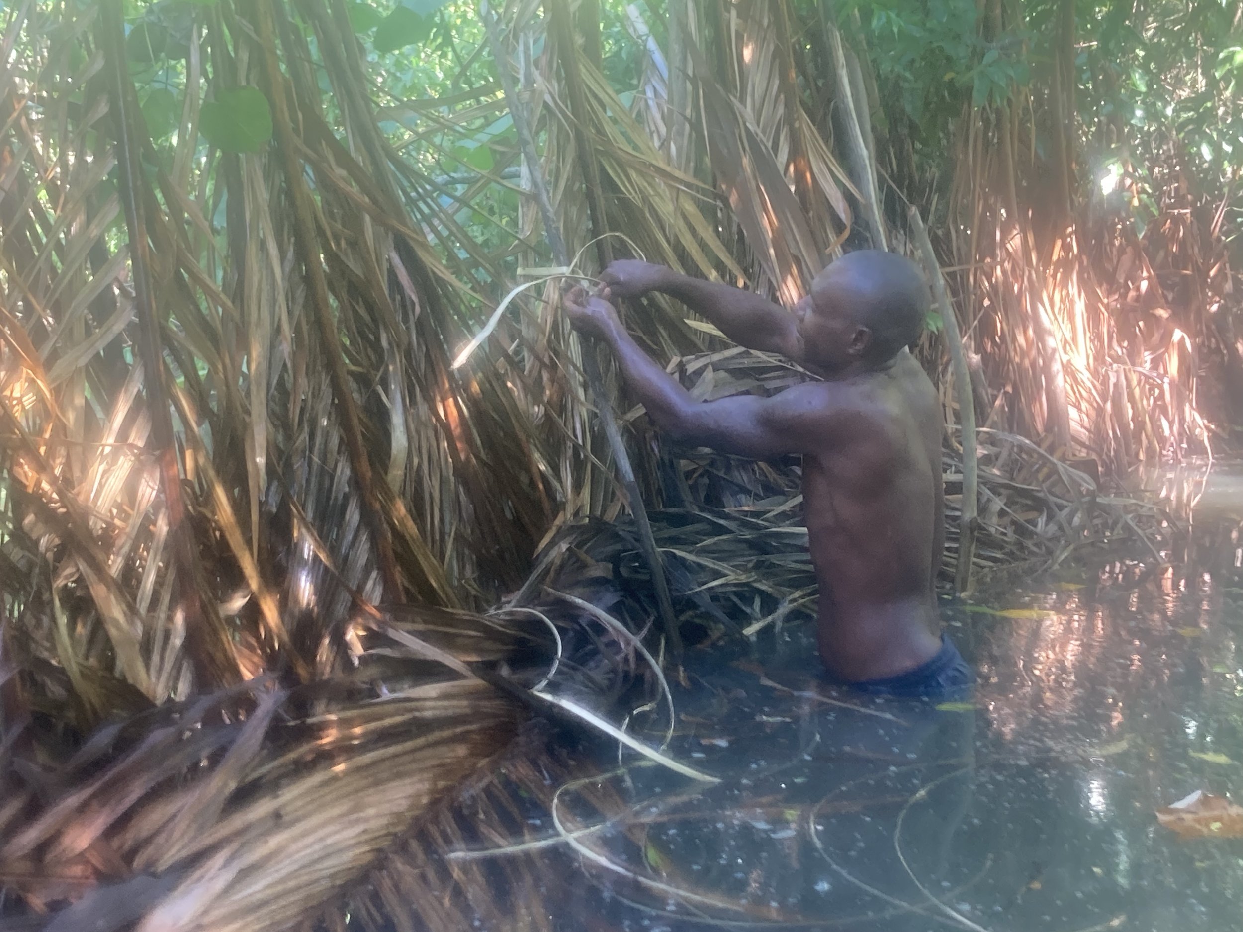 Elijah making a fish trap.