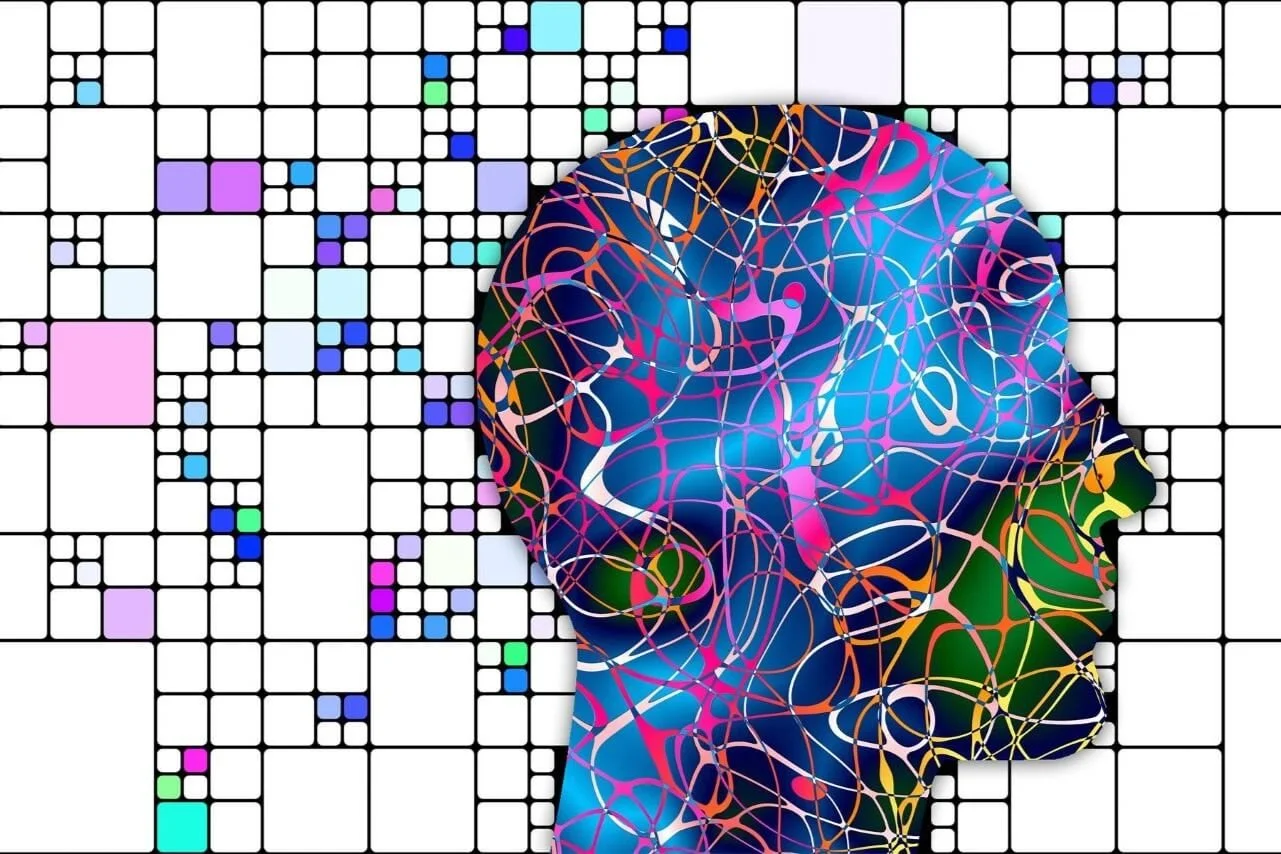 silhouette of a human head, filled with swirling lines and colors, against a background of colored squares and rectangles; this represents the emotional polarities of the Perceptual/Affective level of the Expressive Therapies Continuum (ETC)