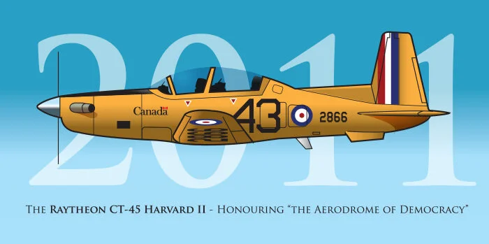In 2011, the High Flight Harvard visited Oshkosh’s EAA AirVenture with Vintage Wings of Canada's Yellow Wings Tour under the leadership of veteran pilot Ulrich Bollinger. While the Yellow Wings crew was there, the author created and sent this suggested illustration via e-mail so that they might suggest a similar paint scheme to pilots in attendance from 15 Wing at Canadian Forces Base Moose Jaw. At the time, nothing came of it. In 2016, however, the time was obviously right. Illustration: Dave O’Malley