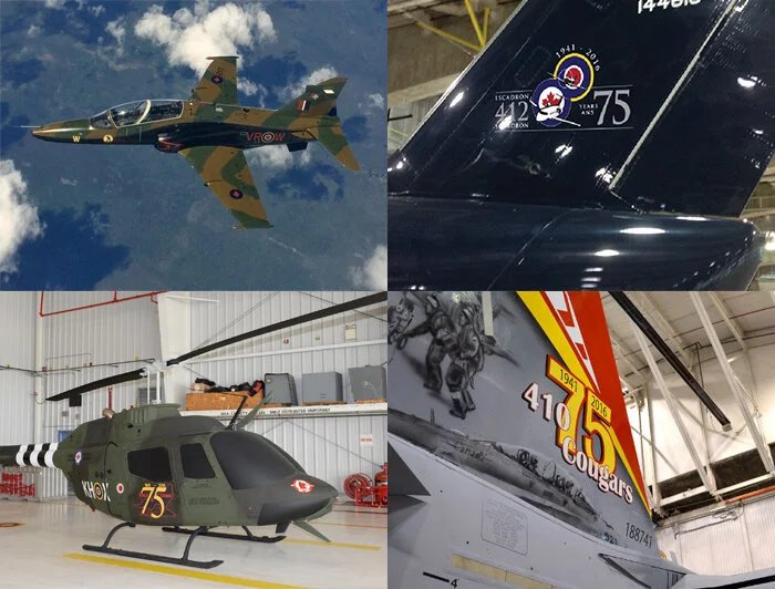 Many of Canada’s 400 series squadrons were born in 1941, some of which are celebrating the year with special paint schemes. Clockwise from upper left: 419 Squadron Hawk painted in Second World War Lancaster markings; 412 squadron (Magee’s unit) cele…
