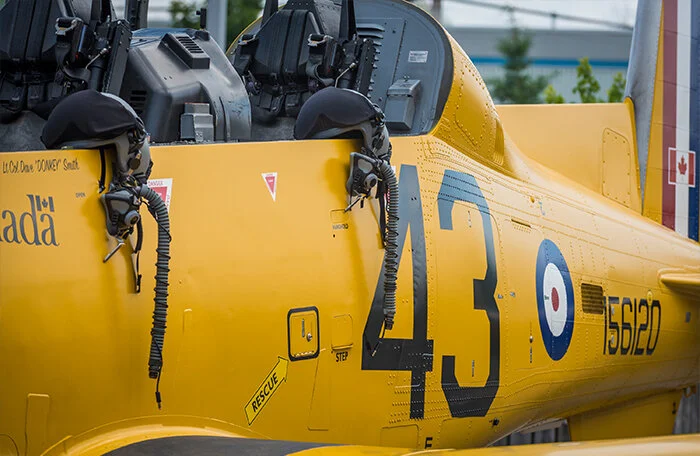 A beautiful close-up of the markings on the RCAF’s Raytheon Harvard II (RCAF serial No. 156120) at rest before a very special heritage photo flight launched from Vintage Wings of Canada’s facility in Gatineau, Québec. Photo: Peter Handley