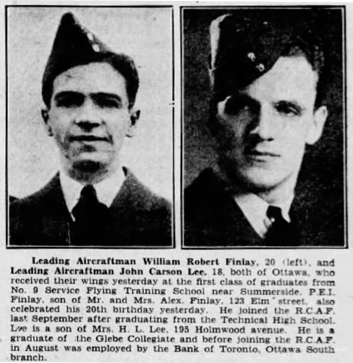 A newspaper clipping from the Ottawa Journal on April 17, 1941, announces the graduation of two Ottawa boys from Service Flying Training. John Carson Lee, who would go on to fly MJ271 on six combat sorties, grew up just three blocks from my home in the Glebe and survived the war. Sadly, William Finlay did not. He would not even make it to the end of the year as he was killed just five months later. He was “lost on operations at sea,” so it's possible he was with Coastal Command. Image via Newspapers.com