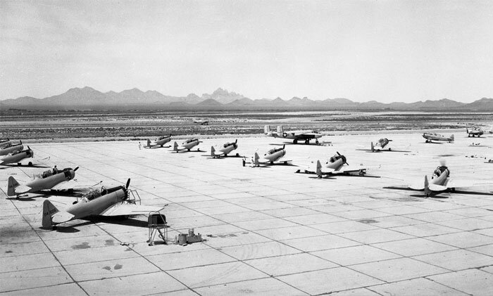 The T-6 Texan flightline at Marana where John Lee spent his days training younger pilots. It was Lee's long-term hope to get into the lucrative airline flying business. Photo via tucson.com
