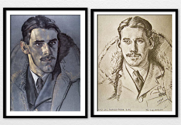 Two sketches of&nbsp;John Colin Mungo-Park, DFC and Bar—Kennington’s on the left, Orde’s on the right. Mungo-Park joined the RAF on a short service commission in June 1937. His early assignment was as an anti-aircraft cooperation pilot attached to t…