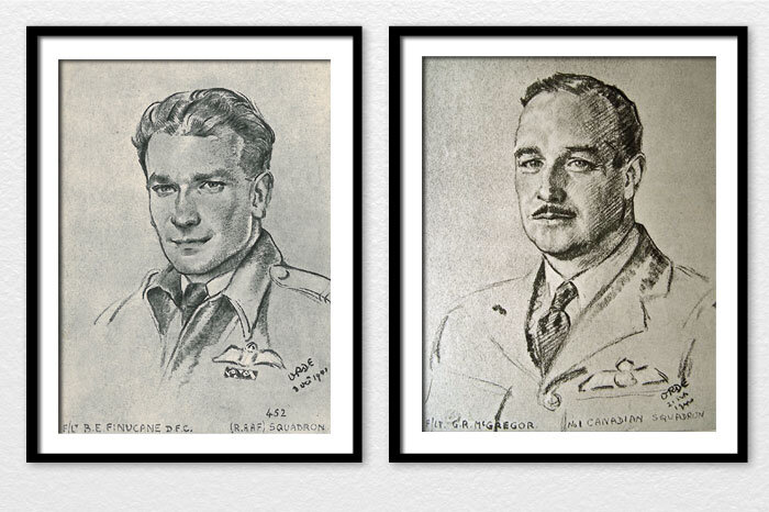 Two sketches by Cuthbert Orde—Wing Commander&nbsp;Brenden Eamon Fergus&nbsp;Finucane, DSO, DFC and two Bars&nbsp;(left)&nbsp;and&nbsp;Group Captain&nbsp;Gordon Roy McGregor, CC, OBE, DFC“Paddy” Finucane, from Dublin, Ireland,&nbsp;was one of the most revered and capable of the early fighter pilots during the Battle of Britain and the following offensive ops over occupied France.&nbsp;Though Catholic and brought up in the “Early Troubles” and the Irish Civil War, his family moved to England and he developed an interest in aviation.&nbsp;His final tally was 28 victories, 5 probables and many more damaged. Finucane rose&nbsp;quickly to&nbsp;the rank of Wing Commander but was killed on 15 July 1942 when his Spitfire, which had been hit earlier over France, suffered an engine failure. Finucane ditched in the English Channel, but was killed or drowned. More than 2,500 people attended his memorial service at Westminster Cathedral. His name is&nbsp;inscribed on the Runnymede Air Forces Memorial, commemorating airmen lost in the Second World War who have no known grave.&nbsp;Group Captain Gordon&nbsp;McGregor (a Squadron Leader by the Battle’s end) of Montréal, Québec learned to fly in the early 1930s after earning a degree in engineering from McGill University. He joined the Royal Canadian Air Force in 1936, receiving his wings two years later. The handsome McGregor was the oldest Canadian-born pilot in the Battle of Britain, becoming a Hurricane ace during the Battle with 401 Squadron (then called 1 Squadron) RCAF. With five confirmed victories, he was the squadron’s top scoring fighter pilot. McGregor’s Second World War career would include commanding X Wing—a Canadian wing of Kittyhawk fighters on operations in the Aleutians. Later, towards the end of the war, he commanded 126 Wing, a Canadian Spitfire Wing in Europe. After the war, he went to work as an executive for Trans-Canada Air Lines, becoming its president a few years later. He then was instrumental in transforming TCA into Air Canada, today still the largest airline in Canada.