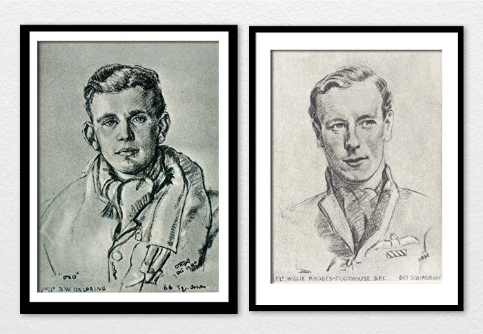 Like Father, Like Son.&nbsp;Flight Lieutenant Robert Wardlow Oxspring, DFC and Two&nbsp;Bars, AFC&nbsp;(left)&nbsp;and&nbsp;Flight Lieutenant William Henry Rhodes-Moorhouse, DFC&nbsp;by Cuthbert OrdeBoth of these men were the sons of First World War…