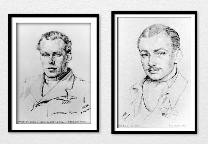 Two pilots and commanders of 609&nbsp;West Riding&nbsp;Squadron as sketched by Cuthbert Orde—Squadron Leader Michael&nbsp;Lister Robinson, DSO, DFC&nbsp;(left)&nbsp;and&nbsp;Pilot Officer Lawrence William&nbsp;Fraser&nbsp;“Pinkie”&nbsp;Stark, DFC an…