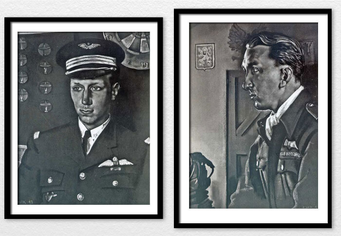 Two men who fled the Nazi invasions of their homelands to fight with the RAF—Adjutant Émile François Marie Léonce Fayolle, DFC&nbsp;and&nbsp;Sergeant Karel Miroslav Kuttelwascher, DFC and Bar—both by Eric&nbsp;Kennington.The Gallic and dramatic Fayo…