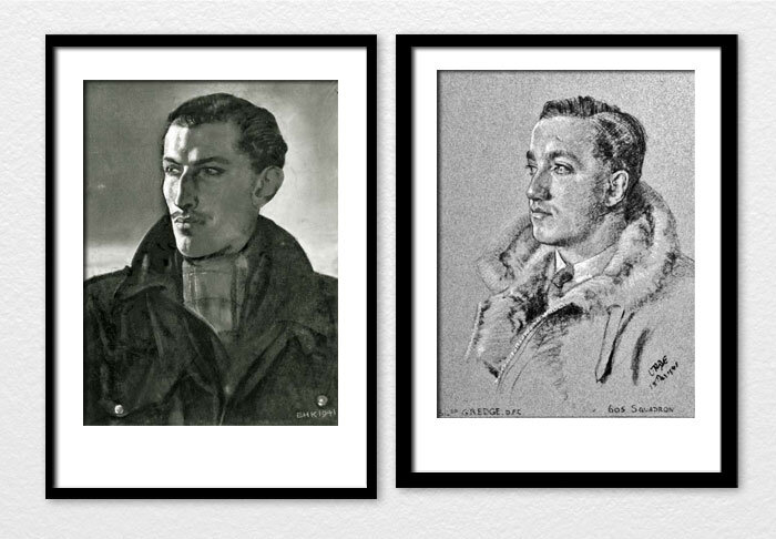 Kennington’s dramatic portrait of&nbsp;Pilot Officer&nbsp;(later Squadron Leader)&nbsp;Robert Chippindall Dafforn, DFC.&nbsp;On the right is&nbsp;Squadron Leader&nbsp;(later Group Captain)&nbsp;Gerald Richmond “Gerry” Edge, OBE, DFC&nbsp;by Cuthbert Orde (one of two&nbsp;portraits of Edge sketched by Orde).Dafforn was born in Windsor, England and was educated at the prestigious Harrow School and for a time worked in the Bank of England. Looking for something more adventurous, he attempted to join&nbsp;the RAF Volunteer Reserve in 1936. RAF doctors rejected him because he was six foot six inches tall and very thin. Not to be deterred, he went through a physical training regimen and re-applied in 1937 and was accepted. He began flying training in October of that year. He was posted to 501&nbsp;Squadron at RAF&nbsp;Filtonat the start of the war and began training on the Hawker Hurricane. He went with his squadron to France in April 1940 and acquitted himself well, shooting down three enemy aircraft in May and other probables. During the Battle of Britain, he shot down another three aircraft. He himself was shot down in mid-August, bailing out unhurt over RAF&nbsp;Biggin Hill. He continued to harry the Germans, but was attacked in December of 1940 and, wounded, was forced to crash-land. By the next year, he was a flight leader. In October 1941, he was transferred to instructing at an OTU—the last of the original 501 Squadron pilots. The following January, he was posted to the Middle East, ferrying his Hurricane to Cairo. He assumed he would be fighting the Germans in the Western Desert, but found himself at 229 Squadron on Malta at the very height of that massive aerial battle. Shortly after his arrival, he took command of the decimated squadron. On his second op with the squadron, he was shot down and crash-landed at Hal-Far. Though he was not seriously wounded, it took him more than three months to recover with fever and infection. In August 1942, he left for Hendon to fully recover. He went on to instruct as a Chief Flying Instructor at Sutton Bridge. While flying a Spitfire and returning to base after an air-firing exercise, his aircraft caught a wingtip at low level. He was killed instantly.Edge was born in 1913 in Staffordshire and educated at Oundle School. He began his working career in the family metal business. He joined the RAF, earning a commission in 1936 and eventually was posted to 605&nbsp;County of Warwick&nbsp;Squadron. For a couple more years, the squadron flew the Gloster Gladiator and the Hawker Hind but, with the war only weeks away, they transitioned to the Hawker Hurricane. Deployed to France along with 605, Edge racked up an impressive 10 victories (double ace) in the Battle of France. By the time of Dunkirk, however, attrition had decimated the squadron with only Edge and one other remaining from the original group sent to France. During the Battle of Britain, Edge was given command of 253 Squadron, a unit that was suffering from incredible recent losses—three commanders and 11 pilots in three days. Despite the damage to&nbsp;the unit’s morale and experience, Edge kept them in the Battle and turned them into an effective and tenacious group, employing an aggressive frontal attack tactic. Of his frontal attack idea, Edge once said:&nbsp;“They didn’t like that head-on attack, you know, but you had to judge the break-away point just right. If you left it to the last 100 yards then you were in trouble, due to the fast closing speeds, but once you got the hang of it, a head-on attack was a piece of cake. When you opened fire, you’d kill or badly wound the pilot and second pilot. Then you’d rake the whole line as you broke away. On one attack, the first He 111 I hit crashed into the next.”&nbsp;(from&nbsp;The Final Few,&nbsp;by Dilip Sarkar). Edge was shot down over the English Channel and he bailed out at 23,000 feet with serious burns. It was a while before he recovered and returned over a year later to command his old squadron—No. 605. In September of 1942, he was posted to Aden, Yemen to lead an OTU. Later he was invalided back to the UK where he acted as Air Operations Controller for 84 Group. Following the war, he went to Kenya to farm. He died in 2000 at the age of 84.