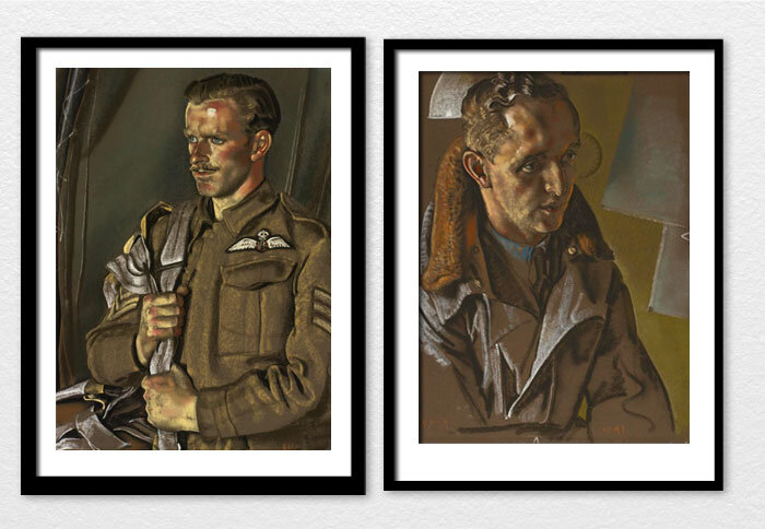 Two colour works by Kennington—Staff&nbsp;Sergeant Malcolm&nbsp;Frederick&nbsp;Strathdee&nbsp;(left)&nbsp;and&nbsp;Sergeant J.M. Harrison&nbsp;(right)Though not a member of the Royal Air Force, Strathdee was indeed a pilot—a glider pilot of the Army…