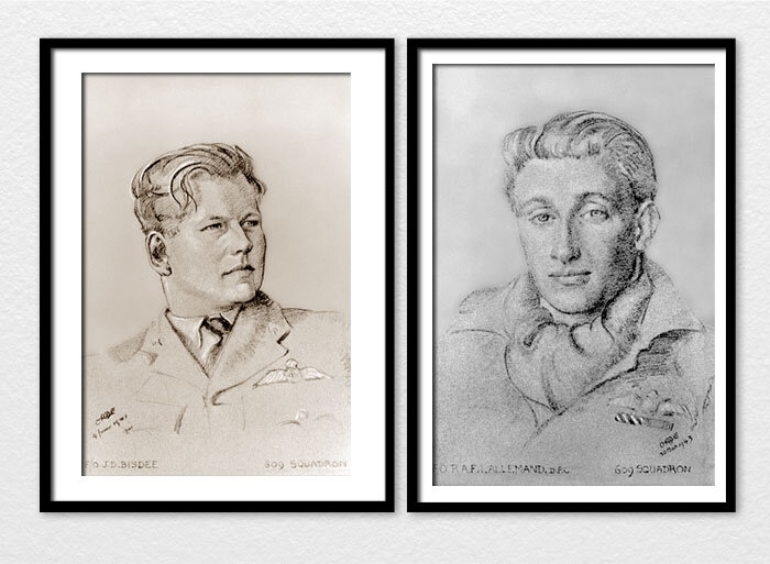 Two portraits from the 609 Squadron series by Cuthbert Orde—Pilot Officer John Derek “The Bishop” Bisdee, OBE, DFC(left)&nbsp;and&nbsp;Flying Officer Raymond “Cheval” Lallement, DFC and Bar—both surviving the war and living long lives.&nbsp;Bisdee w…