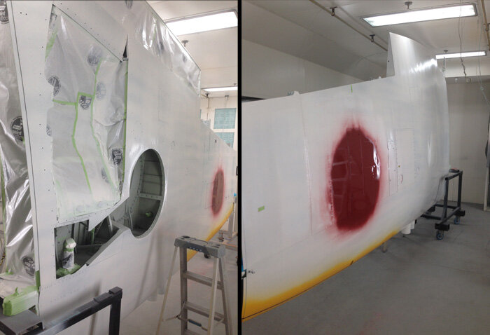   The starboard wing is prepared for the roundels with red areas ready for masking. The scheme calls for a 56 inch Type B roundel on the upper surface (an outer ring of blue goes down next- right) and a 34 inch Type C roundel on the underside. The pa