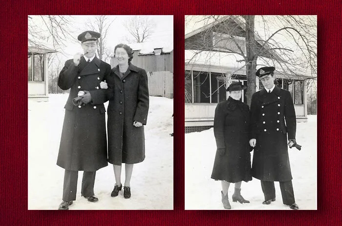 Albert, smartly dressed in Royal Navy uniform and great coat, at the home of relatives in Canada, poses with Aunt Nellie (right photo) and another relative, possibly a cousin, by the name of May (left photo). The author is not sure where in Canada these photographs were taken. Photo: Phil Grimwade Collection