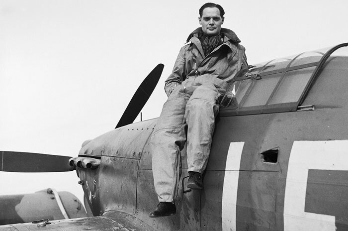 Squadron Leader Douglas Bader sits on the canopy rail of his 242 Squadron Hawker&nbsp;Hurricane LE-D. Photo: Imperial War Museum