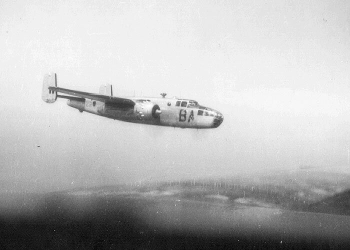 A No. 5 OTU B-25 Mitchell in the skies over the Vancouver area. The photograph was taken by Noel Barlow during his training there. Photo&nbsp;by Noel Barlow, DezMazes Collection, via No. 5 OTU Facebook page