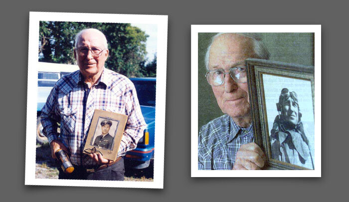 Two photographs of&nbsp;a retired and aging Noel Barlow. At right he holds a photograph likely&nbsp;taken during his flight training days at No. 3 British Flying Training School in Oklahoma. At left, he holds another photograph of himself as an offi…