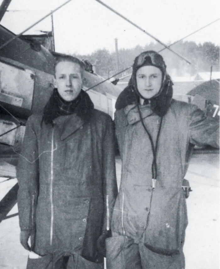 An innocent-faced George Trevor Southgate (left) and former public school chum Stuart Trotter learn to fly on de Havilland Tiger Moths with the Royal Air Force at RAF Yatesbury in Wiltshire—an experience not unlike learning to fly in Canada—cold and wet. Photo: Trevor Southgate Collection