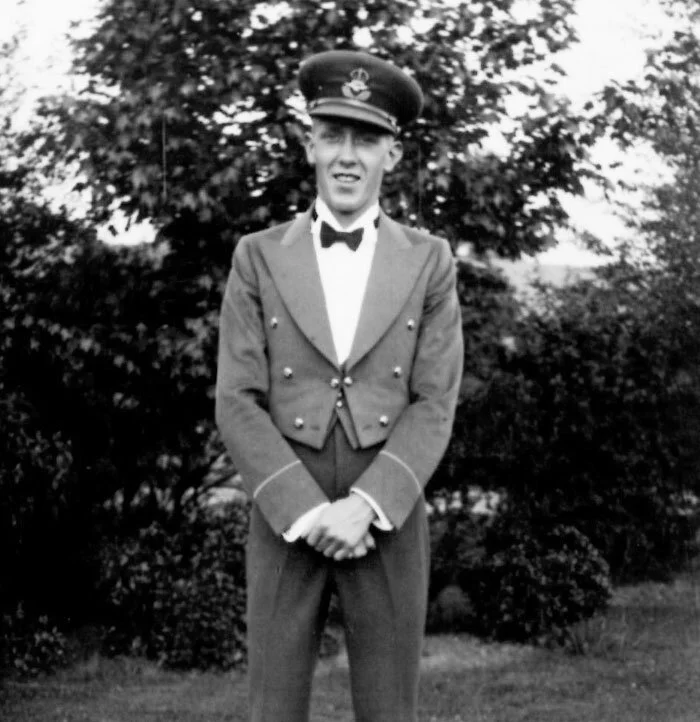 Trevor Southgate poses for a photo prior to a mess dinner at RAF Uxbridge, shortly after completing his elementary flying training on Tiger Moths at Yatesbury. Unlike the wartime RCAF where a cadet pilot would carry the rank of Leading Aircraft Man until he received his wings after Service Flying Training, the stripe on his cuff indicates that Southgate was promoted to Acting Pilot Officer on 16 May 1938. This came with a 1 year probationary period. The following 16 May 1939, Southgate was appointed to a full non-probationary rank of Pilot Officer. Photo: Trevor Southgate Collection
