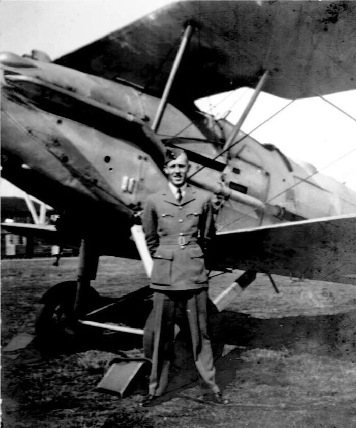 At Number 8 Flying Training School (later No. 8 Service Flying Training School) at RAF Montrose, the Hawker Audax (similar to the Hawker Hart which he also flew at Montrose) was used for advanced wings-grade flying training. Here we see a young Pilot Officer (Acting) Trevor Southgate standing proudly in 1938 before an Audax, the aircraft he would soon win his wings on. More than 800 pilots, including a number of the RAF’s leading aces of the war, received their wings at Montrose from 1936 until 1942, when the school closed down. These names include Canadian uber-ace George “Buzz” Beurling as well as Irishman Brendan “Paddy” Finucane and New Zealander “Cobber” Kain. More importantly, this was the home of 612 City of Glasgow Squadron and our own Warrant Officer Harry Hannah, to whom our Boeing Stearman was dedicated. Photo: Trevor Southgate Collection
