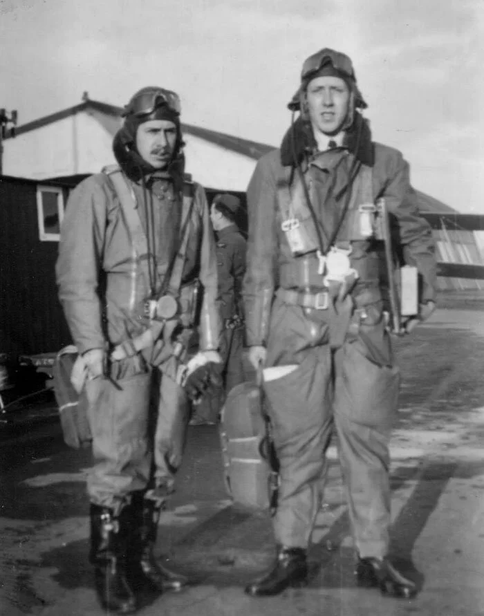At RAF Montrose, Southgate (right) and an instructor by the name of Buttery prepare for a cold weather (typically Scottish) flight in a Hawker Hart or Audax. Photo: Trevor Southgate Collection