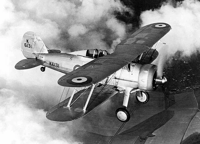Trevor Southgate looked every inch a hero to the young Hendon cadets in the previous photo as he stood in front of his Gloster Gladiator. Southgate qualified on several single-engine fighters from the Gladiator to the Spitfire. By the time he was regaling the cadets at Hendon, the Gladiator (above) was used largely for advanced single-engine training, having by then become obsolete at the front. Photo: Wikipedia