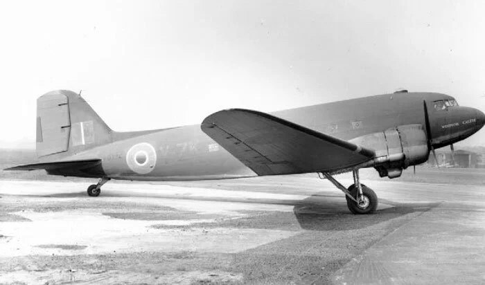 Douglas DC-3 Dakota Mk I, (RAF serial FD772) ZK-Y of 24 Squadron parked in dispersal at RAF Hendon, Middlesex, the home field of Southgate’s squadron for much of the war. This was the fifth Dakota delivered to the RAF, and like nearly all 24 Squadron aircraft, wears a dedication on its nose—Windsor Castle. Photo: Imperial War Museum