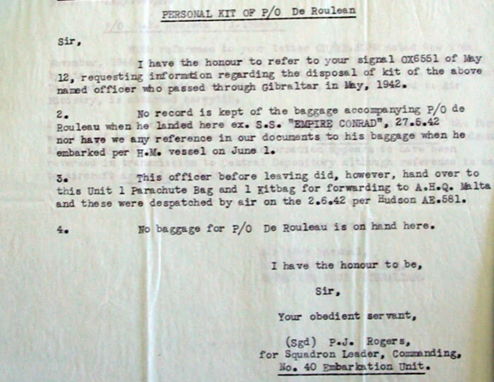 A portion of the letter to the Under Secretary of State, Air Ministry relates the slender yet haunting connection between David Rouleau and Trevor Southgate. Though the writer, Sergeant P. J. Rogers spelled David Rouleau’s name as either De Roulean or De Rouleau, this is in fact David Francis Gaston Rouleau of Ottawa. Source: Library and Archives Canada