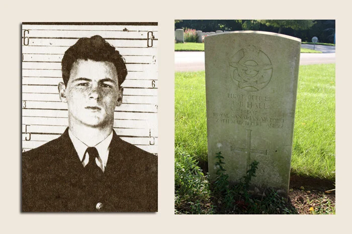 An RCAF service ID photograph of Pilot Officer Joseph Georges Brian Hall (J/89283), an American from Pleasantville, New York who joined the Royal Canadian Air Force. Hall had been recently married to Barbara Sykes. The image reveals a young pilot, in his early 20s with a serious demeanour. At right is the RCAF grave marker for Hall at the Haycombe Cemetery in Bath, Wiltshire, about twelve kilometres northwest of the spot where he lost his life. Photo: Library and Archive Canada and Jonathan Falconer