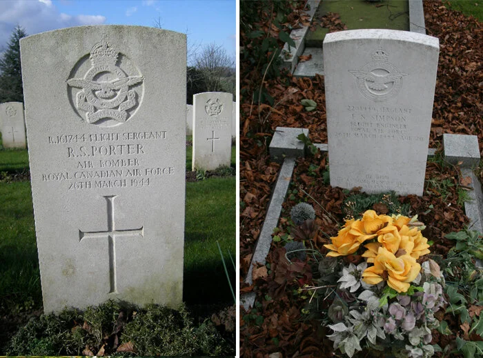 Those crew members who were Britons were able to be interred in their hometowns in England and Wales, while the Canadians were buried far away from their families—such are the realities of war. Flight Sergeant Roy Stanley Porter (J/89470), a Canadian Bomb Aimer with 425 Squadron was buried at Haycombe Cemetery in Bath, while the body of 20-year-old Norman Simpson, an RAF Flight Engineer, was returned to Stretton, Cheshire. Photos via Jonathan Falconer