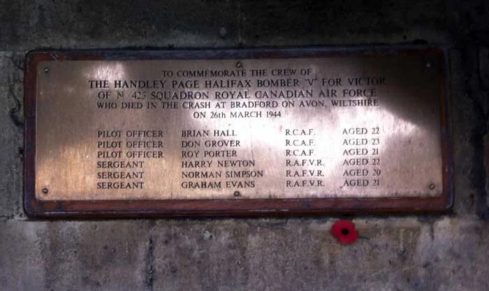 The plaque dedicated to the memory of the fallen airmen was laid in the stones outside the Town Council offices of Bradford-on-Avon. Falconer, who was instrumental in this fitting memorial, took this photo of it on 26 March 2014, 70 years to the day that these brave airmen met their deaths. Photo: Jonathan Falconer’s iPhone