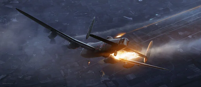 As Lancaster LS-H plummets to its death near the French town of Plaisir, in the digital artwork called The Last Defender, its crew get out of the dying aircraft while they still can. For some reason or another, both of her gunners failed to get out …