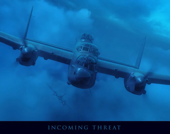 In his commissioned work called Incoming Threat, Forkasiewicz depicts the moment before the Lamason crew of 15 Squadron’s Lancaster LS-H is attacked by a Junkers Ju88. As they churn through the layers of cloud in the moonlit sky, behind them, the radar-equipped Luftwaffe night fighter closes in out of the clouds using its Lichtenstein radar equipment. Incoming Threat by Piotr Forkasiewicz