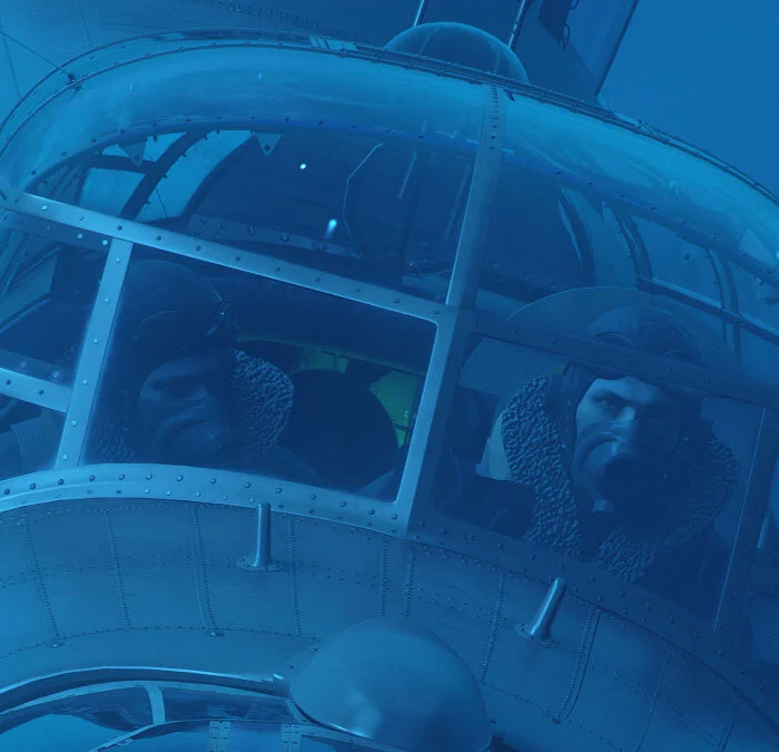 Forkasiewicz’s thirst for detail is astonishing. Not only is every rivet, aluminium joint and formed component perfect in every way, he takes us closer still, right into the cockpit and crew compartment. Here, we see a depiction of Squadron Leader Lamason, the Pilot, a study in concentration, with his eyes ahead, alert for his squadron mates flying close by in the darkness. We see the sheepskin collars of their Irvin flying jackets. Even the pilot’s pupils are dilated, accustomed now to the darkness. Beside him, Marpole, the Flight Engineer, adjusts the throttles on the quadrant to the right of the pilot. Everything is bathed in the luminous blue light of nightfall, but behind them, we see the green glow of Navigator Chapman’s plotting table, eerily warm in the otherwise almost submarine gloom. Detail from Incoming Threat by Piotr Forkasiewicz
