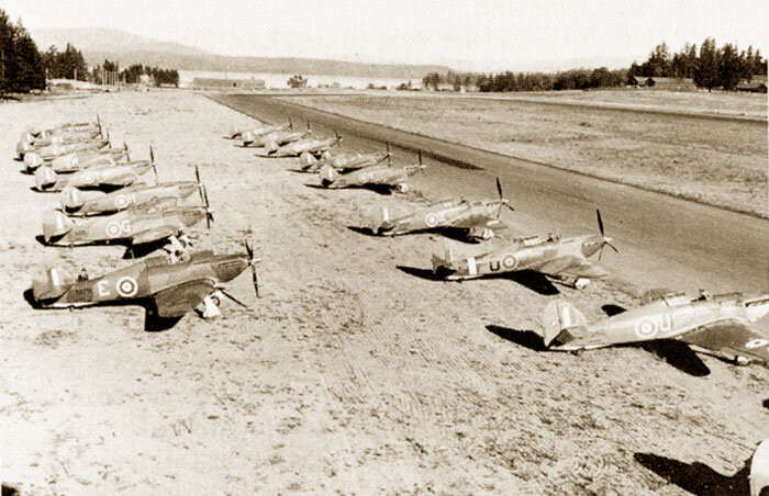A photograph of 135 Squadron Hurricanes at RCAF Station Patricia Bay near Victoria, BC around ther time they left for Annette Island. Photo via Jerry Vernon