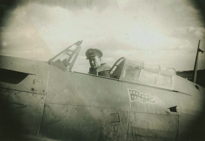 135 Squadron pilot Tom Adams with his Hurricane, the “Arkansas Traveller”. Photo from G. Lawson Collection via Atlantic Aviation Museum