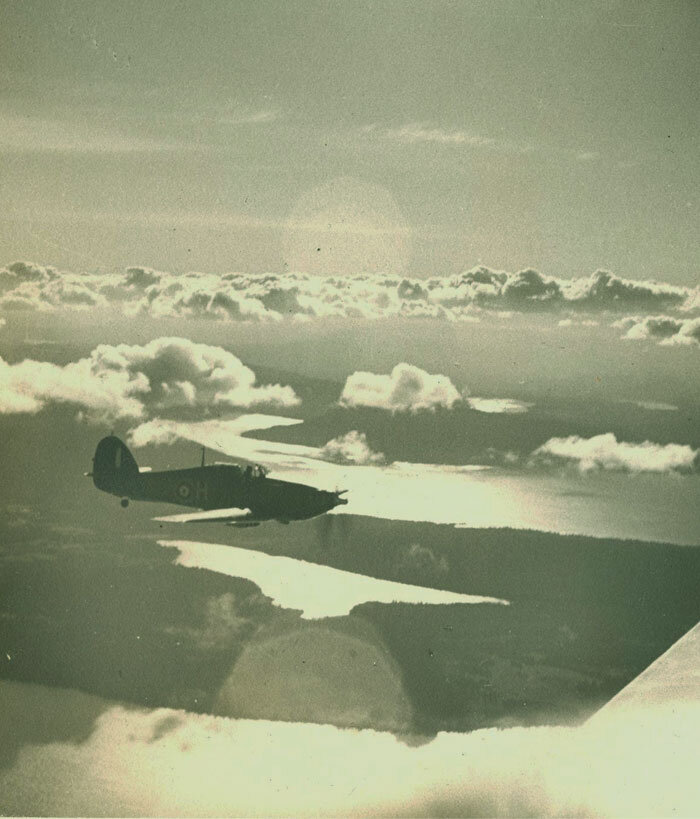 A beautiful if somewhat damaged image of a 135 Squadron Hurricane (H) flying off the coast of British Columbia. Photo from G. Lawson Collection via Atlantic Aviation Museum