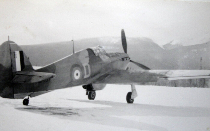 A beautifully sunny day at Terrace after a light snow gives us this lovely shot of a 135 Squadron Hurricane on the ramp. Photo from Dave Duncan Collection